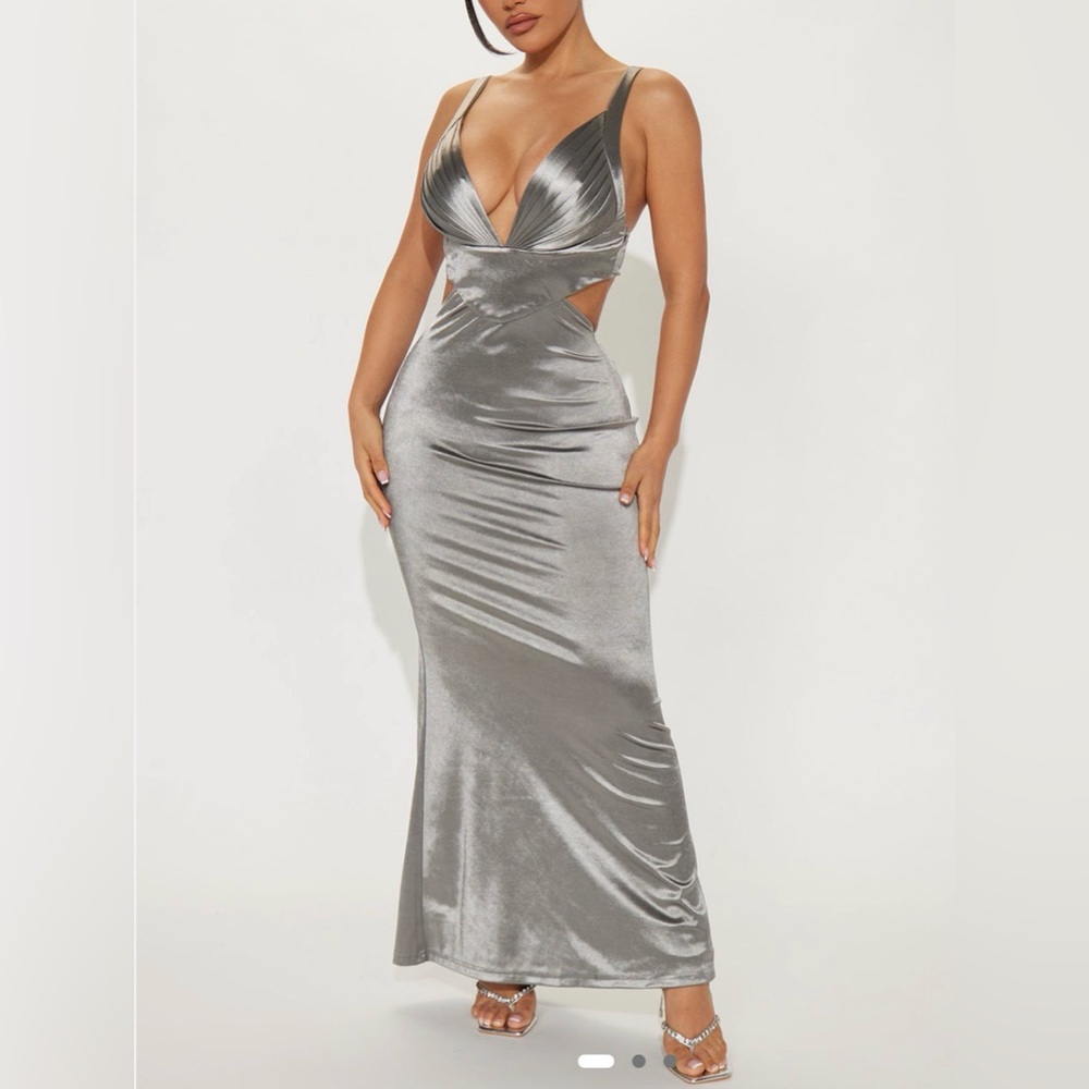 Fashion Nova Metallic Silver Backless Dress